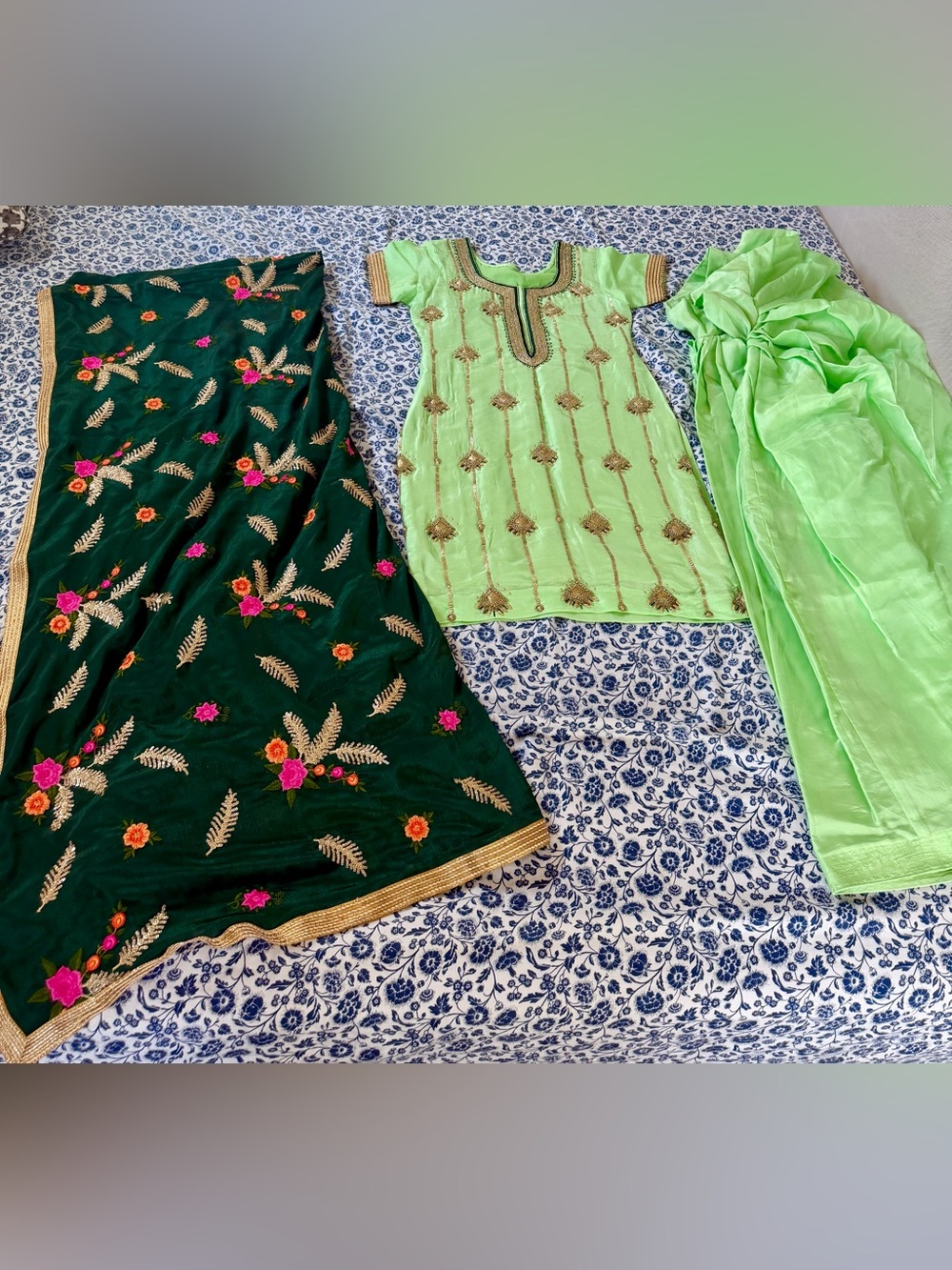 Embroidered Green Salwar Kameez Set with Dark Green Dupatta